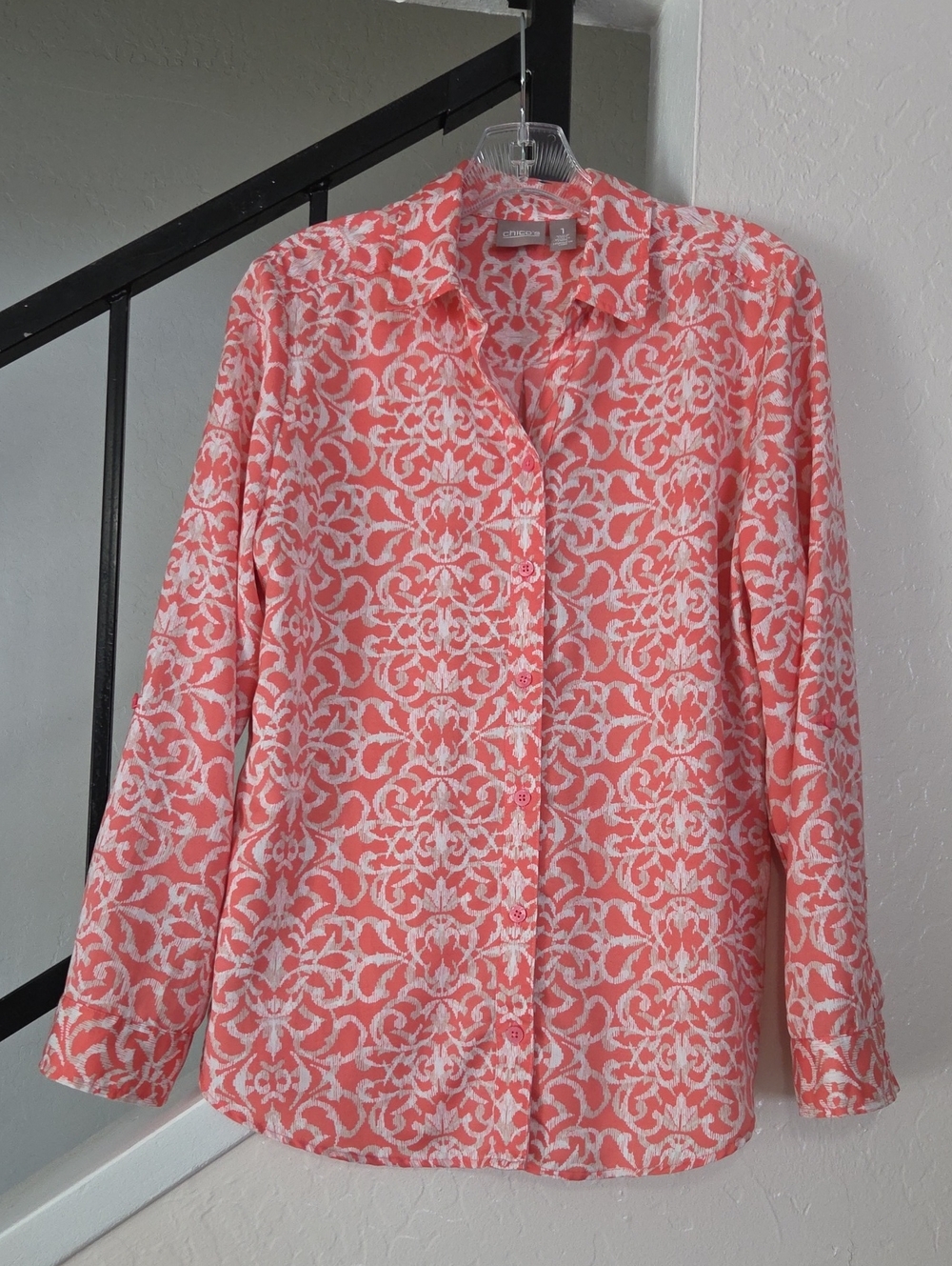 Chico's Coral and White Scroll-Print Button Down Shirt Size 1